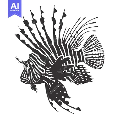 Aset desain premium: Black and White Illustration of a Lionfish with Spines and Stripes