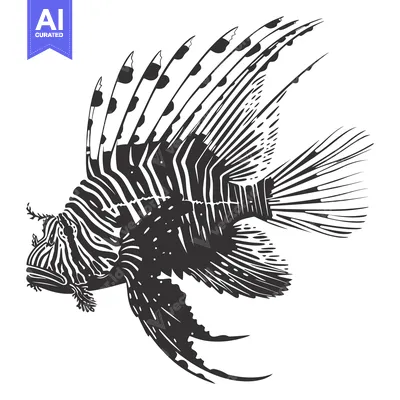 Aset desain premium: Black and White Illustration of a Lionfish Swimming
