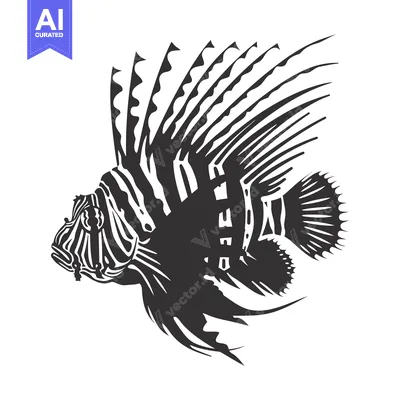 Aset desain premium: Black and white illustration of a lionfish with flowing fins