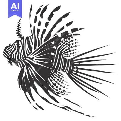 Premium design asset: Black and White Illustration of a Lionfish with Striking Fin Spines