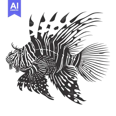 Premium design asset: Black and White Stylized Illustration of a Lionfish