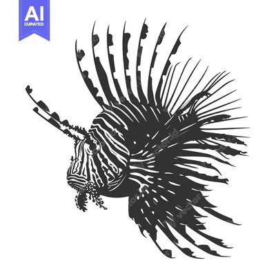Premium design asset: Black and White Illustration of a Lionfish with Extended Fins