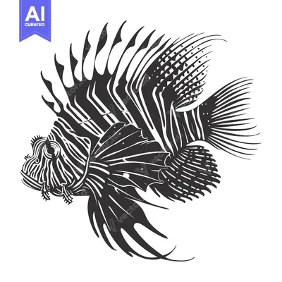 Aset desain premium: Black and White Illustration of a Lionfish with Spines and Stripes
