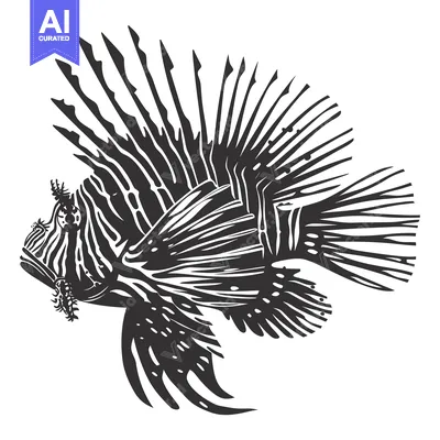 Aset desain premium: Black and White Illustration of a Lionfish with Spines