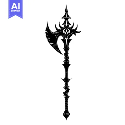 Aset desain premium: A black and white silhouette of a stylized fantasy axe