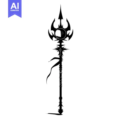 Black and White Silhouette of a Fantasy Staff with Spikes and a Ribbon
