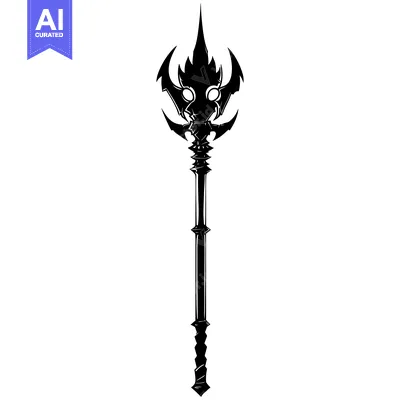 Aset premium populer: A Black and White Illustration of a Spiked Staff with a Skull-Like Des
