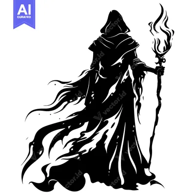 Aset premium populer: Silhouette of a hooded figure holding a flaming staff
