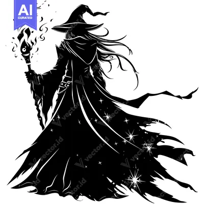 Popular premium asset: Silhouette of a Witch with a Flaming Staff and Flowing Cape