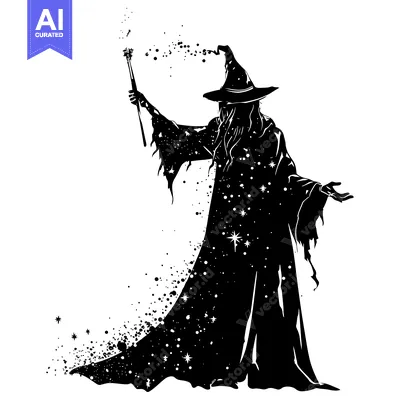 Aset premium populer: Silhouette of a wizard casting magic with a wand