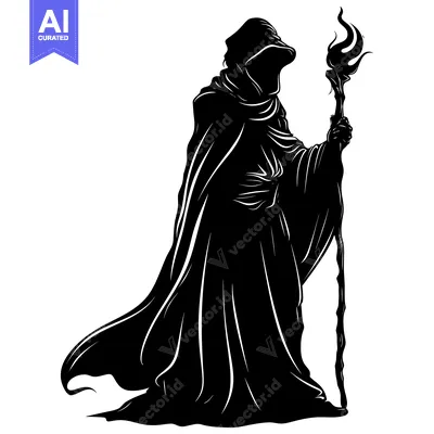 Silhouette of a cloaked figure holding a flaming staff
