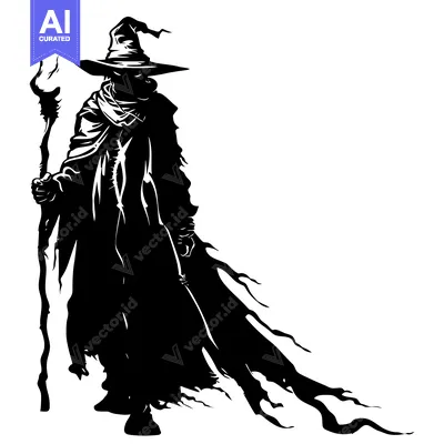Aset premium populer: Silhouette of a Wizard Holding a Staff with a Flowing Robe and Hat