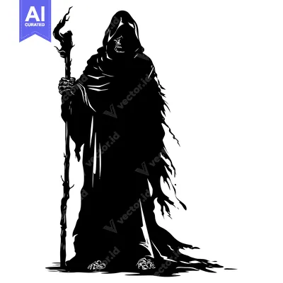 Aset desain premium: Silhouette of a hooded figure holding a staff