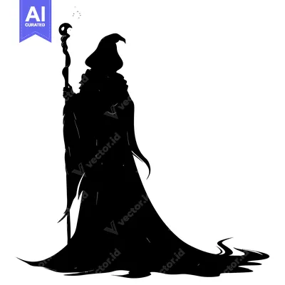 Aset desain premium: Silhouette of a Wizard Holding a Staff with a Snake Head