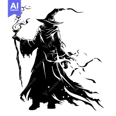 Premium design asset: Silhouette of a Witch with a Staff and a Spell Casting