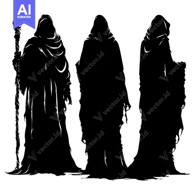 Aset premium populer: Three Hooded Figures, One Holding a Staff, in Silhouette