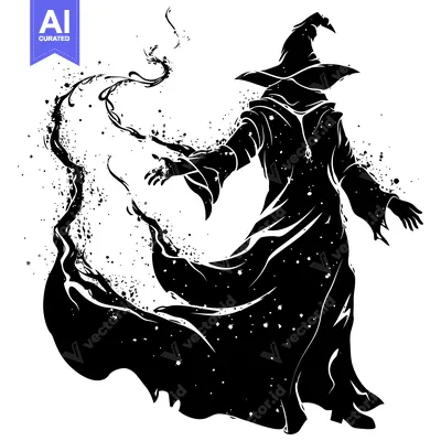 A Silhouette of a Magician Casting a Spell with a Swirling Robe and a