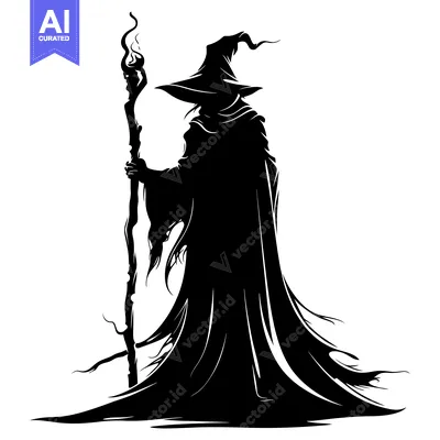 Aset premium populer: Silhouette of a Wizard Holding a Staff with a Burning Tip