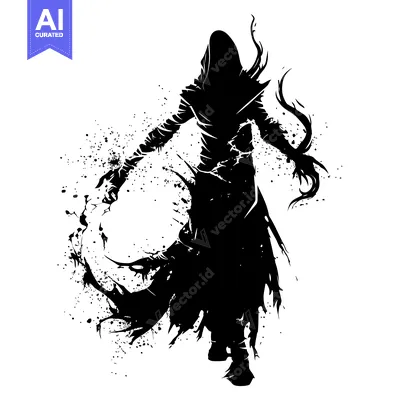 Aset desain premium: Silhouette of a hooded figure with a swirling cloak and splattered ink