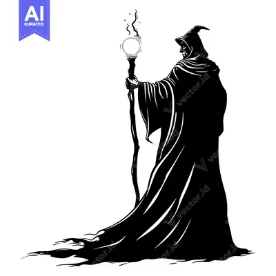 Aset premium populer: A Silhouetted Wizard Holding a Staff with a Glowing Orb