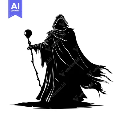 Popular premium asset: Silhouette of a hooded figure holding a staff with a sphere on top