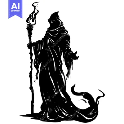 Premium design asset: Silhouette of a Hooded Figure Holding a Flaming Staff