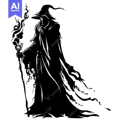 Aset premium populer: Silhouette of a Wizard Holding a Staff with Magical Energy