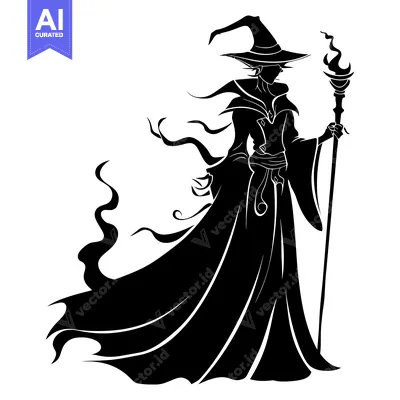 Aset desain premium: Silhouette of a Witch Holding a Flaming Staff