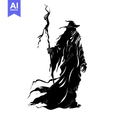 Aset desain premium: Silhouette of a cloaked figure holding a staff