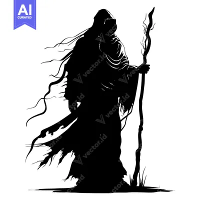 Aset desain premium: Silhouette of a hooded figure holding a staff