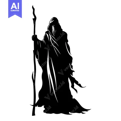 Premium design asset: Silhouette of a hooded figure holding a staff