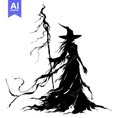 Aset desain premium: Silhouette of a Witch Holding a Twisted Staff