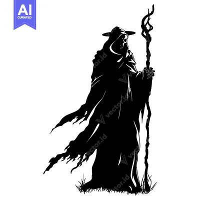 Aset desain premium: Silhouette of a hooded figure holding a staff