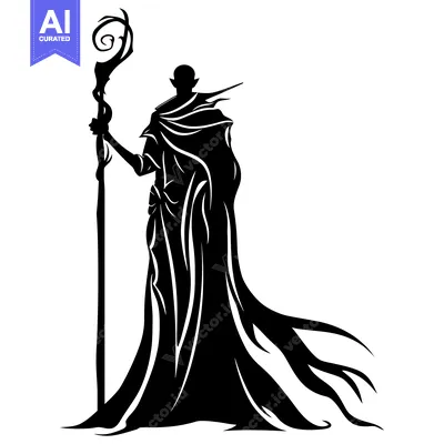 Silhouette of a cloaked figure holding a staff with a spiraled top