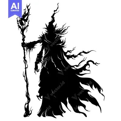 Aset desain premium: Silhouette of a Dark Figure Holding a Twisted Staff