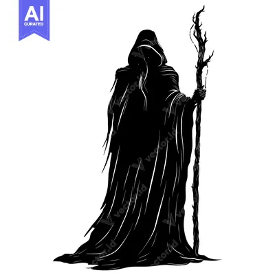Silhouette of a cloaked figure holding a gnarled staff