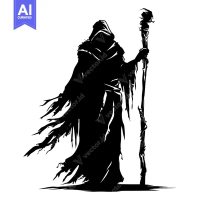 Aset premium populer: Silhouette of a hooded figure holding a staff