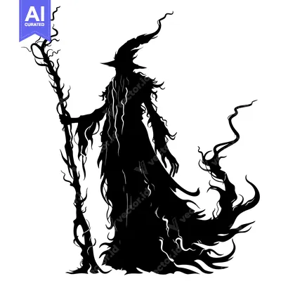 Silhouette of a Witch Holding a Twisted Staff