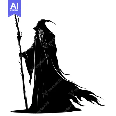 Aset desain premium: Silhouette of a Wizard Holding a Staff