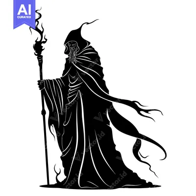 Silhouette of a cloaked figure holding a flaming staff