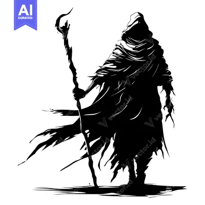 Popular premium asset: Silhouette of a Hooded Figure Holding a Staff