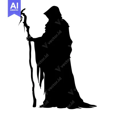 Premium design asset: Silhouette of a Figure in a Hooded Robe Holding a Staff