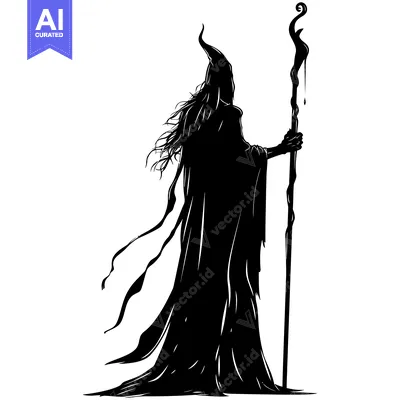 Aset premium populer: Silhouette of a Witch Holding a Staff with a Droplet at the Top