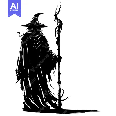Aset premium populer: Silhouette of a Wizard Holding a Twisted Staff