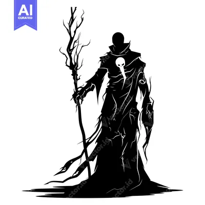 Aset premium populer: Silhouette of a Dark Figure with a Skull on a Robe and Holding a Twist