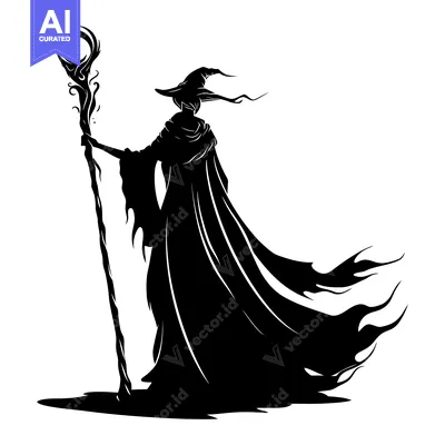 Aset premium populer: Silhouette of a Witch Holding a Magical Staff
