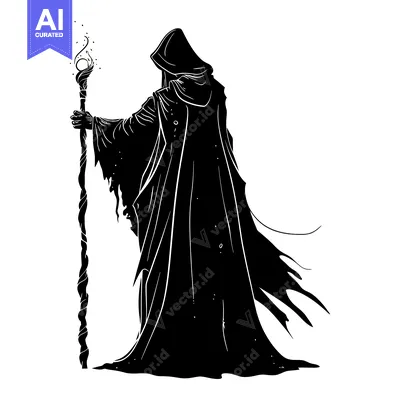Premium design asset: Silhouette of a cloaked figure holding a glowing staff