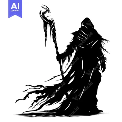 Aset desain premium: Silhouette of a Figure in a Hooded Robe Holding a Staff