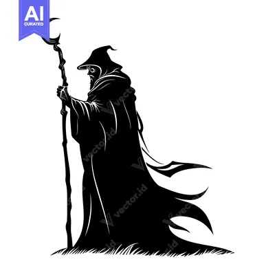 Aset desain premium: Silhouette of a Wizard Holding a Crescent Moon Staff