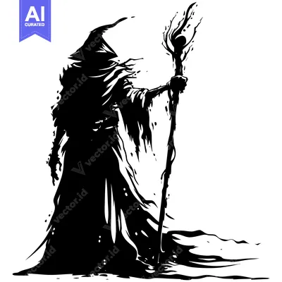 Aset premium populer: A Silhouetted Figure in a Long Robe Holding a Staff
